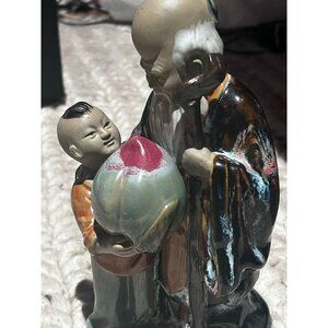 Vintage Chinese Mudman With Child Statue Multicolor Clay Décor Handmade